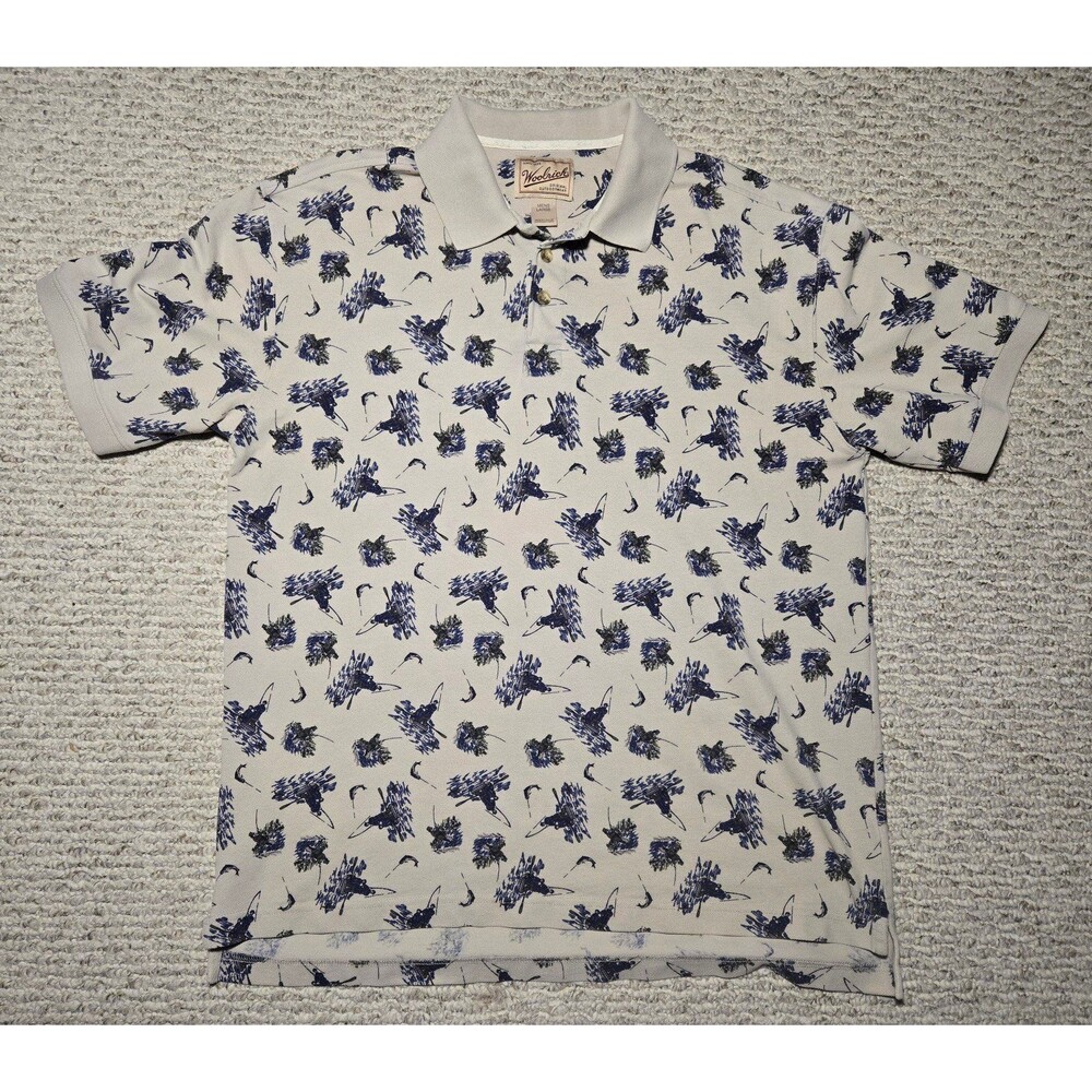 Vtg Woolrich Fishing Boat Polo Shirt Beige Blue Men's Large Made USA Cotton